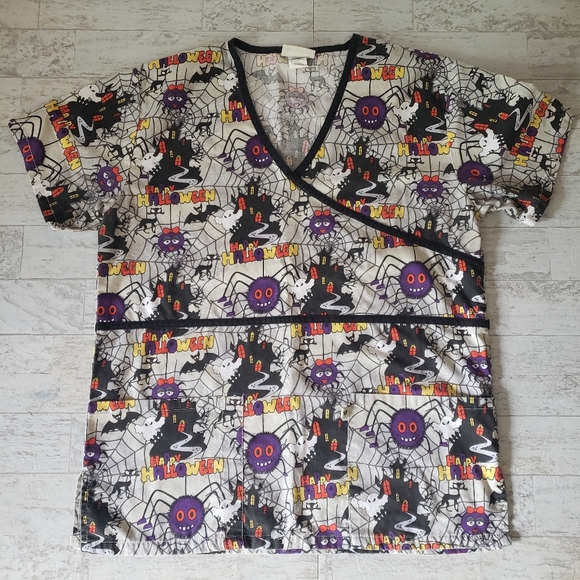 Halloween Scrub Top Ghosts, Spiders, Haunted House - Picture 2 of 7